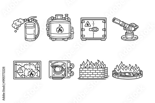 Fire Safety Icon Set: Including extinguisher, alarm, hose, sprinkler, hazard, emergency, flame, and more.