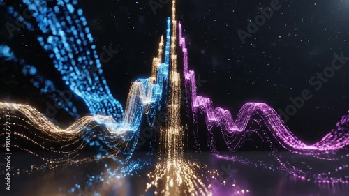 Abstract Data Visualization with Colorful Light Streams in Dark Space.