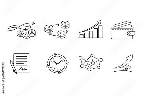 Finance and growth icon set. Containing money, investment, savings, charts, wallet, time, analysis, and more.