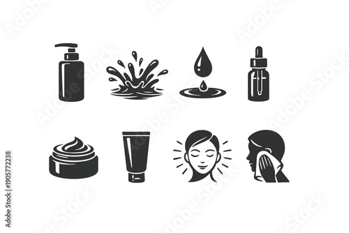 Beauty and skincare icon set. Containing lotion, cream, serum, moisturizer, splash, drop, face, and more.