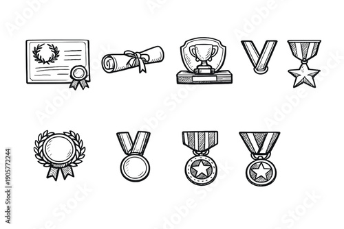 Achievement and award icon set. Containing medal, trophy, certificate, honor, badge, prize, recognition, success, and more.