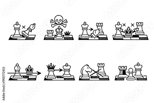 Chess and strategy icon set. Containing pawn, king, queen, rook, knight, check, checkmate, strategy, move, board, game, tactics.