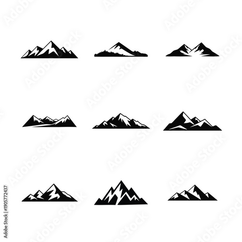 A set of Silhouette Mountain landscape horizon range on white background
