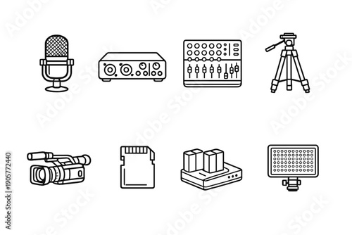 Audio and video production icon set. Featuring microphone, camera, mixer, tripod, lights, cable, battery, storage and more.