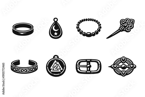 Jewelry and accessories icon set. Featuring rings, pendants, bracelets, brooches, charms, bangles, and more.