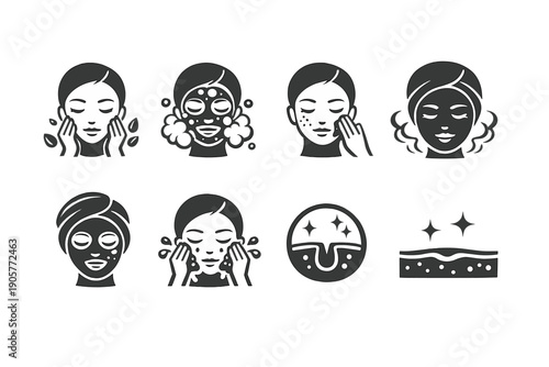 Beauty and skincare icon set. Featuring cleansing, mask, exfoliation, hydration, treatment, glow, rejuvenation, spa and more.