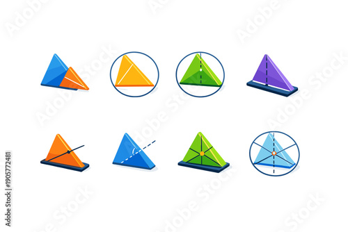 Geometry and Shapes Icon Set. Containing triangle, circle, square, polygon, angle, line, point, rectangle, cone, sphere, prism, pyramid, segment, arc, diameter, radius, shape,