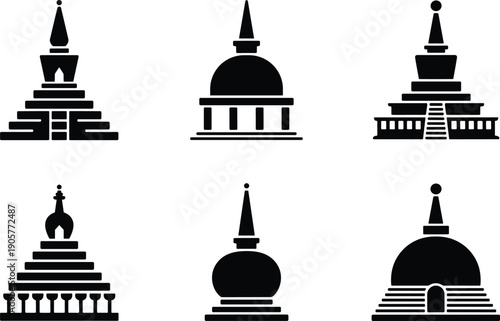 Collection of traditional Asian temple and stupa silhouettes, cultural religious architecture landmarks isolated on white background, heritage monument icon set illustration design elements