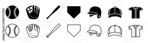 Foto Baseball equipment simple icon set, editable lines