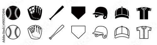 Baseball equipment simple icon set, editable lines