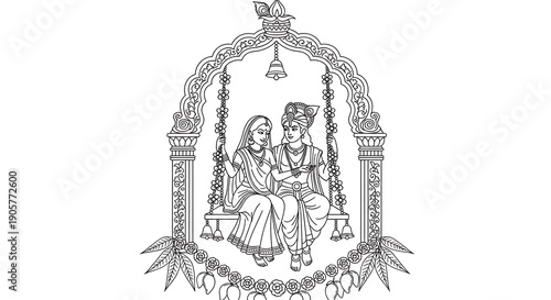 Detailed line art illustration of radha and krishna sitting on swing for coloring page design featuring traditional indian mythological elements and floral archway