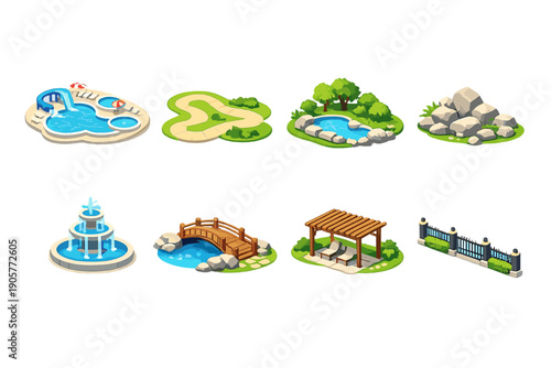 Park and Garden Icons Set. Including pool, fountain, bridge, pathway, rock, tree, bench, water, landscape and more.