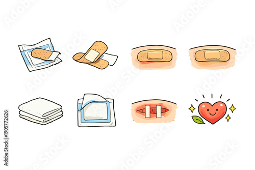 Health and wellness icon set. Featuring bandage, first aid, heart, care, treatment, medicine, hygiene, relief and more.