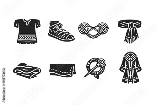 Cultural clothing and accessories icon set. Featuring garments, footwear, ties, textiles, and more.