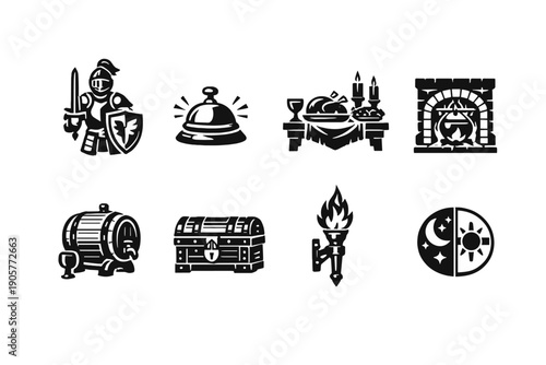 Medieval icons set. Containing knight, treasure, food, fireplace, barrel, chest, torch, day and night.