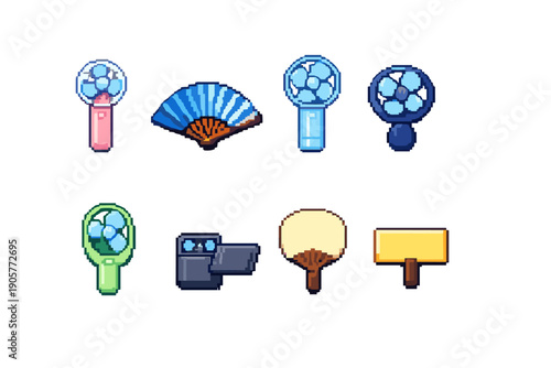 Cooling and fan icon set. Featuring hand fan, ceiling fan, desk fan, air blower, and exhaust fan.