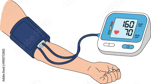 Digital blood pressure monitor on human arm showing hypertension reading health checkup medical equipment for cardiology and vascular monitoring vector isolated on white.