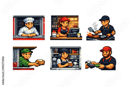 Food Truck Icons Set: Including Chef, Cook, Cashier, Delivery, Customer, Food, Menu, Order