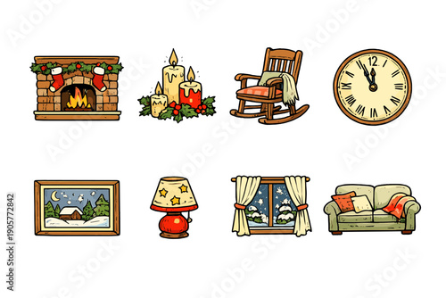 Home Decor and Cozy Lifestyle Icons Set: Fireplace, Candles, Rocking Chair, Clock, Frame, Lamp, Curtains, Sofa