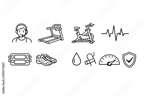 Fitness and health icon set. Containing treadmill, bike, weights, heart rate, shoes, water, sweat, meter, and more.