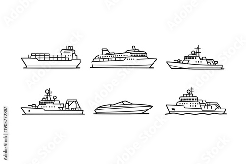 Marine and boating icon set. Containing ship, boat, yacht, vessel, anchor, navigation, ocean, sea, port and more.
