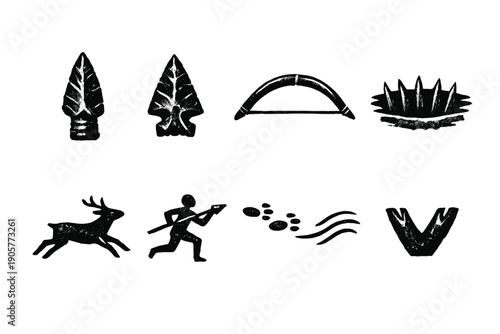 Hunting and Nature Icons Set. Featuring arrows, bows, deer, hunter, tracks, foliage, wildlife, spear, and more.