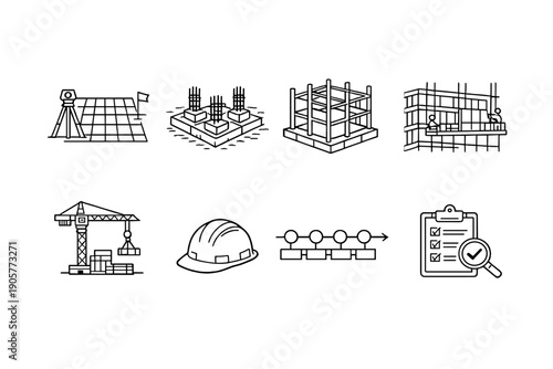 Construction and engineering icon set. Featuring blueprint, crane, hardhat, foundation, checklist, survey, beams, scaffolding.