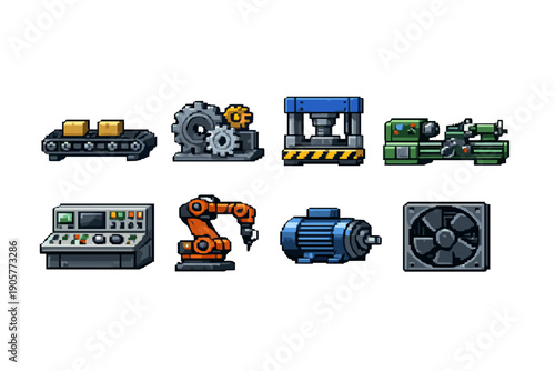 Industrial and manufacturing icon set. Featuring gear, conveyor, factory, robot, machine, tools, motor, and more.