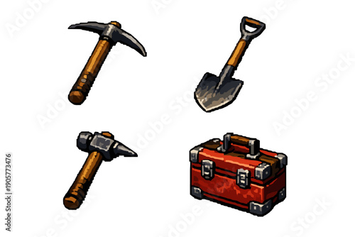 Construction and tools icon set. Containing hammer, pickaxe, shovel, toolbox, equipment, workers, repair, building and more.