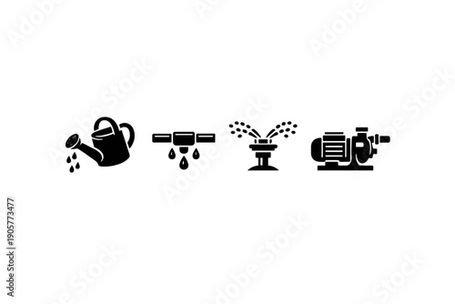 Gardening and irrigation icon set. Containing watering can, pipe, sprinkler, pump, drop, flora, garden, soil, gardening tools, drought, nutrient, landscape, horticulture,