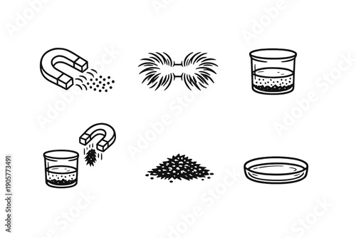 Science and experimentation icon set. Featuring magnet, particles, liquid, magnetism, powder, container, liquid, and more.