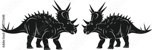 Two Black Styracosaurus Dinosaur Silhouettes Facing Each Other Isolated on White Background Minimalist Horned Herbivore Vector Illustration for Paleontology Education and Creative Graphic Design