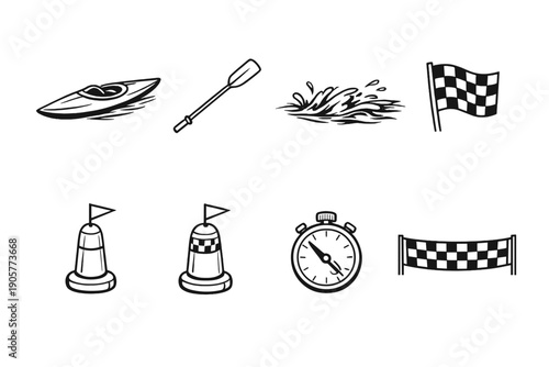 Water sports icon set. Including kayak, paddle, wave, flag, buoy, stopwatch, finish line, and more.