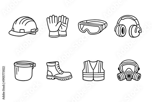 Safety and protection icon set. Including helmet, gloves, goggles, headphones, bucket, boots, vest, respirator.