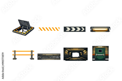 Industrial Icons Set. Featuring barriers, tunnels, signs, gates, lights, hatches, paths, and more.