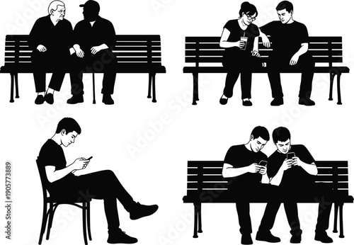 People Sitting on Park Benches Silhouette Vector Set Featuring Couples Friends and Individuals Using Smartphones and Talking for Urban Lifestyle and Social Graphic Design
