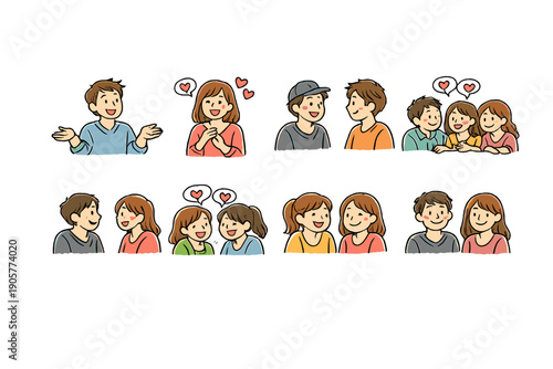 Emotions and relationships icon set. Containing love, friendship, happiness, connection, couple, chat, smile, support and more.