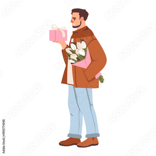 Man With Flowers and Gift. Romantic flat illustration of a man holding a gift and flower bouquet. Perfect for Valentine’s Day, anniversary, or love themed designs.