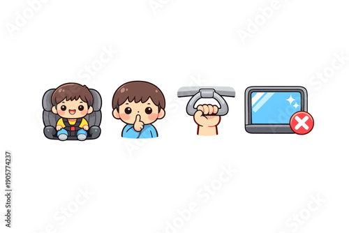 Child Safety Icons Set: Seatbelt, Quiet Gesture, Handle, No Window