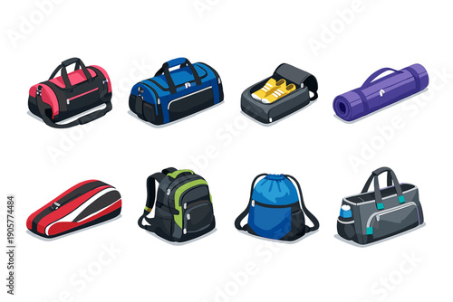 Bags and backpacks icon set. Containing duffel, backpack, travel, gear, luggage, rucksack, tote, storage, camping, and more.