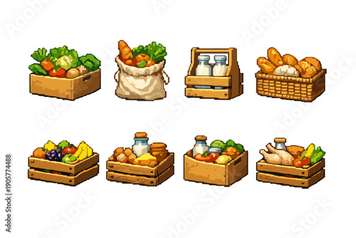 Food and Agriculture Icon Set. Containing vegetables, fruits, bread, dairy, meat, harvest, crates, and more.