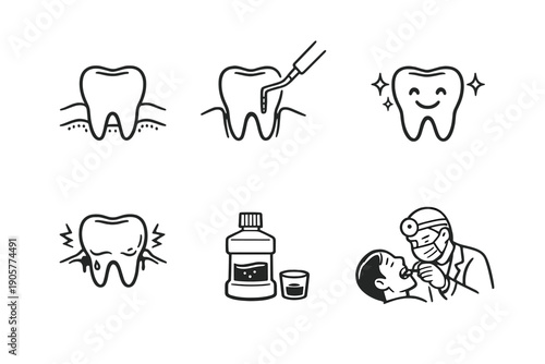 Dental Health Icon Set. Featuring tooth, dentist, cleaning, floss, brush, cavity, filling, mouthwash, checkup, extraction, hygiene.