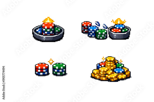Gambling and casino icon set. Containing chips, cards, roulette, slot, betting, jackpot, win, dealer, game and more.