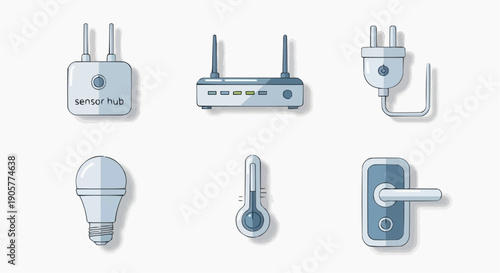 Collection of smart home devices including plugs, router, light bulb, thermostat, and door handle illustrated in a modern style