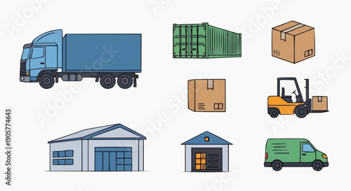 Warehouse logistics scene with truck, crates, and forklift in industrial setting from overhead viewpoint img_nxqxau_fx.svg