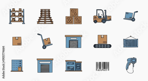 Logistics and warehouse icons set including racks, pallets, forklift, and packages, illustrating transportation and storage solutions in a simple, 2D style.