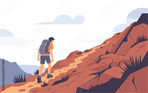 A man hiking on a mountain trail with a backpack in a minimalist vector illustration