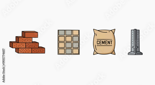 Construction materials including bricks, concrete blocks, cement, and metal pipes are arranged in a row on a plain surface.
