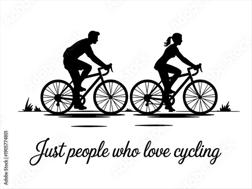 Silhouette of man and woman cycling side by side, motion lines, outdoor grass detail