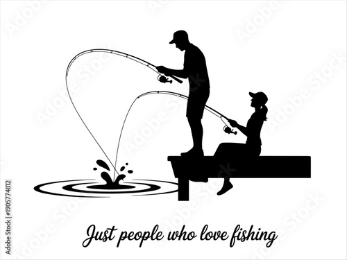 Silhouette of man and woman fishing from dock, rods cast, water splashes, peaceful outdoor scene